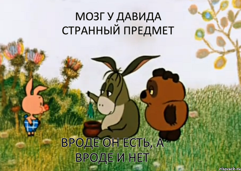 Мозг у Давида странный предмет Вроде он есть, а вроде и нет, Мем Винни Пух Пятачок и Иа