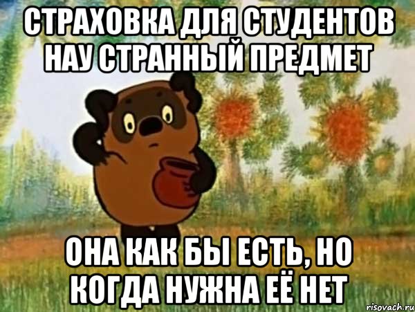 страховка для студентов нау странный предмет она как бы есть, но когда нужна её нет, Мем Винни пух чешет затылок