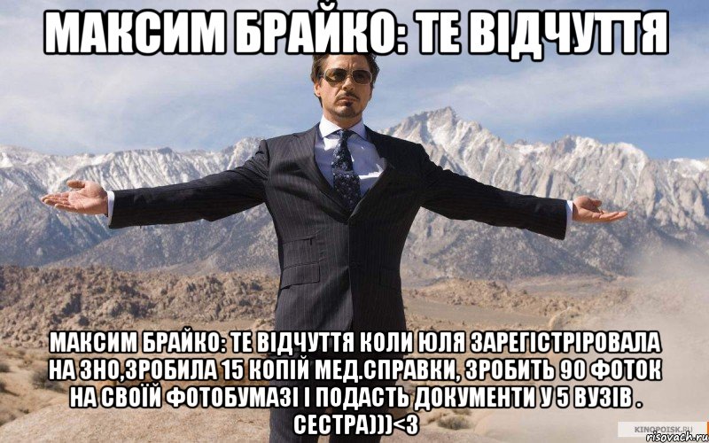 максим брайко: те відчуття максим брайко: те відчуття коли юля зарегістріровала на зно,зробила 15 копій мед.справки, зробить 90 фоток на своїй фотобумазі і подасть документи у 5 вузів . сестра)))<3, Мем железный человек