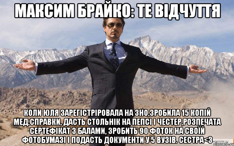 максим брайко: те відчуття коли юля зарегістріровала на зно,зробила 15 копій мед.справки, дасть стольнік на пепсі і честер,розпечата сертефікат з балами, зробить 90 фоток на своїй фотобумазі і подасть документи у 5 вузів. сестра<3, Мем железный человек