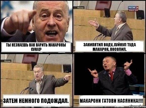 ТЫ незнаешь как варить макароны СУКА!? Закипятил воду, хуйнул туда макарон, посолил. Затем немного подождал. МАКАРОНИ ГАТОВИ НАСЯНИКА!!!, Комикс Жириновский клоуничает