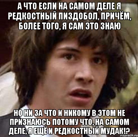 а что если на самом деле я редкостный пиздобол, причём, более того, я сам это знаю но ни за что и никому в этом не признаюсь потому что, на самом деле, я ещё и редкостный мудак!?, Мем А что если (Киану Ривз)