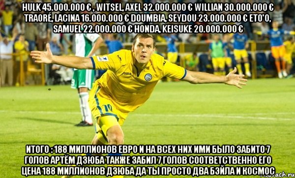 hulk 45.000.000 € , witsel, axel 32.000.000 € willian 30.000.000 € traoré, lacina 16.000.000 € doumbia, seydou 23.000.000 € eto'o, samuel 22.000.000 € honda, keisuke 20.000.000 € итого : 188 миллионов евро и на всех них ими было забито 7 голов артём дзюба также забил 7 голов соответственно его цена 188 миллионов дзюба да ты просто два бэйла и космос, Мем adssa