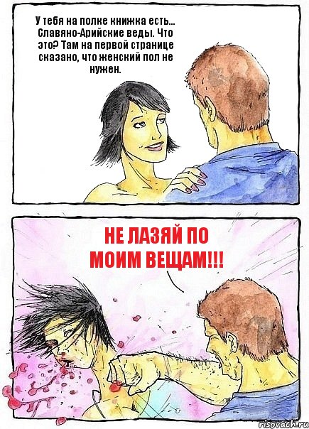 У тебя на полке книжка есть... Славяно-Арийские веды. Что это? Там на первой странице сказано, что женский пол не нужен. Не лазяй по моим вещам!!!, Комикс Бей бабу по ебалу