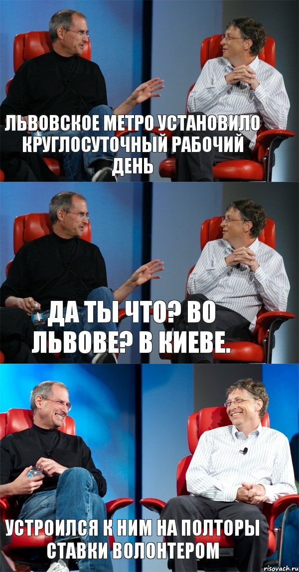 Львовское метро установило круглосуточный рабочий день Да ты что? Во Львове? В Киеве. Устроился к ним на полторы ставки волонтером, Комикс Стив Джобс и Билл Гейтс (3 зоны)