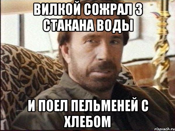 вилкой сожрал 3 стакана воды и поел пельменей с хлебом