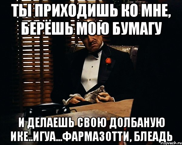 ты приходишь ко мне, берёшь мою бумагу и делаешь свою долбаную ике..игуа...фармазотти, блеадь, Мем Дон Вито Корлеоне