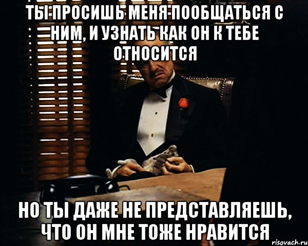 ты просишь меня пообщаться с ним, и узнать как он к тебе относится но ты даже не представляешь, что он мне тоже нравится, Мем Дон Вито Корлеоне