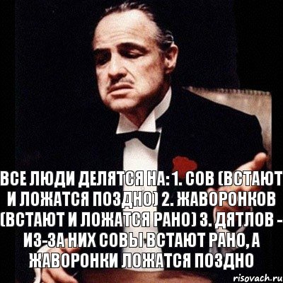 Все люди делятся на: 1. Cов (встают и ложатся поздно) 2. Жаворонков (встают и ложатся рано) 3. Дятлов - из-за них совы встают рано, а жаворонки ложатся поздно, Комикс Дон Вито Корлеоне 1