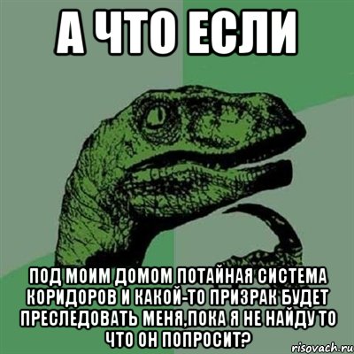 а что если под моим домом потайная система коридоров и какой-то призрак будет преследовать меня,пока я не найду то что он попросит?, Мем Филосораптор