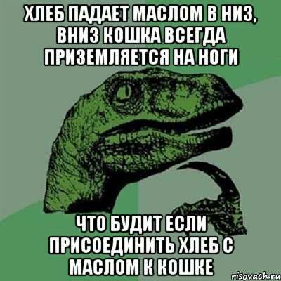 хлеб падает маслом в низ, вниз кошка всегда приземляется на ноги что будит если присоединить хлеб с маслом к кошке, Мем Филосораптор