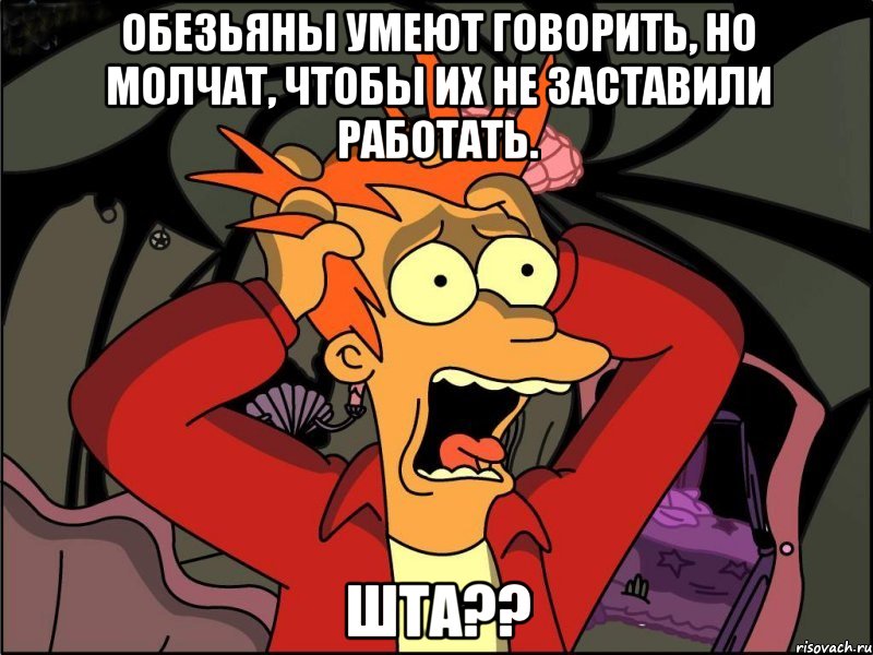 обезьяны умеют говорить, но молчат, чтобы их не заставили работать. шта??, Мем Фрай в панике