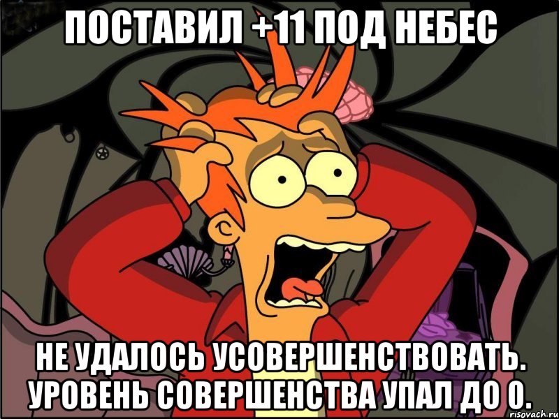 поставил +11 под небес не удалось усовершенствовать. уровень совершенства упал до 0., Мем Фрай в панике