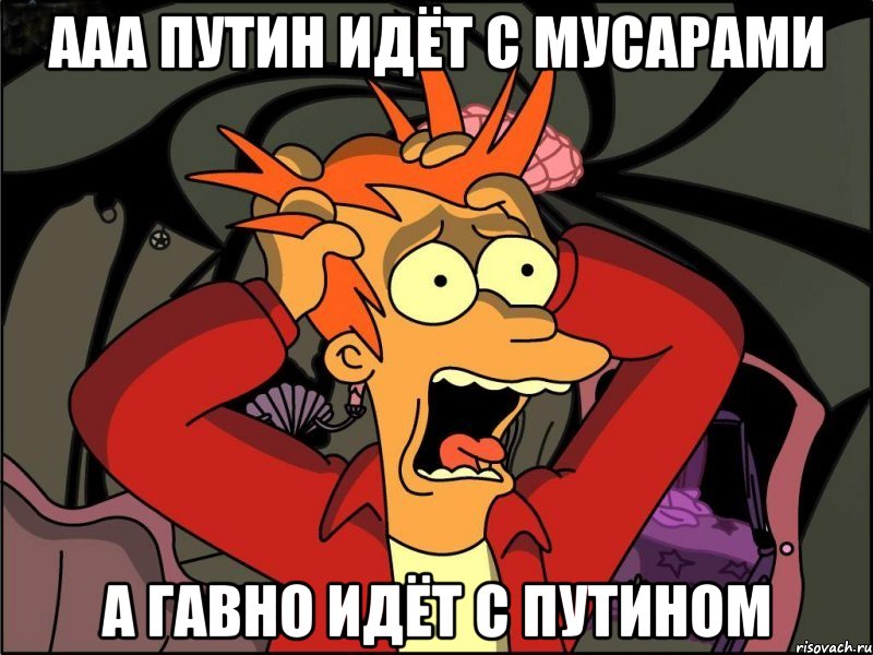 ааа путин идёт с мусарами а гавно идёт с путином, Мем Фрай в панике