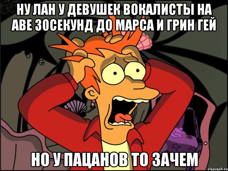 ну лан у девушек вокалисты на аве 30секунд до марса и грин гей но у пацанов то зачем, Мем Фрай в панике