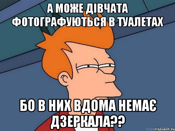 а може дівчата фотографуються в туалетах бо в них вдома немає дзеркала??, Мем  Фрай (мне кажется или)