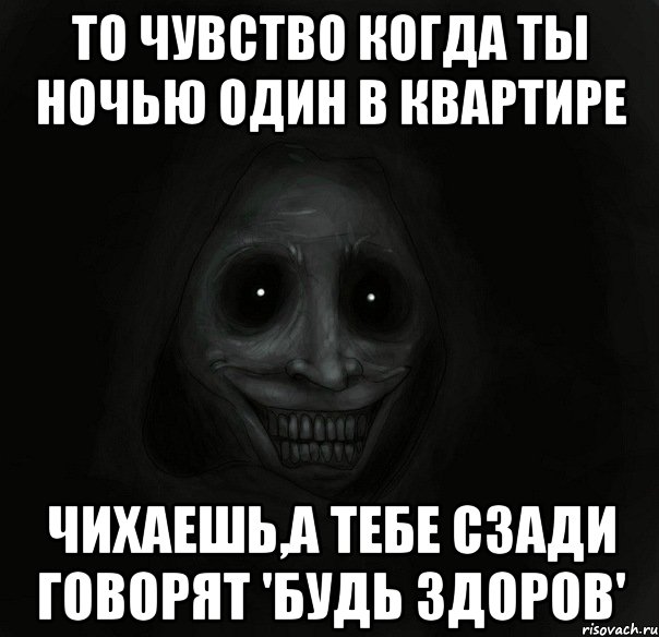 то чувство когда ты ночью один в квартире чихаешь,а тебе сзади говорят 'будь здоров', Мем Ночной гость