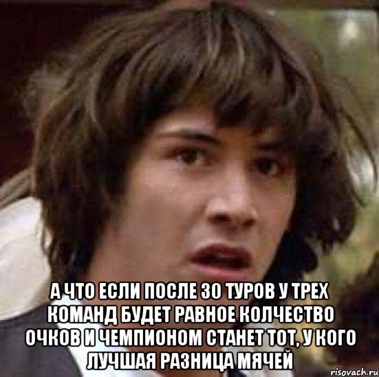  а что если после 30 туров у трех команд будет равное колчество очков и чемпионом станет тот, у кого лучшая разница мячей, Мем А что если (Киану Ривз)