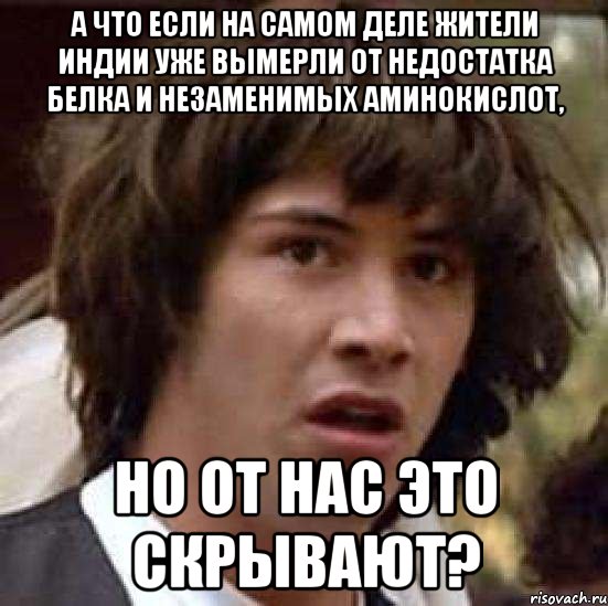 а что если на самом деле жители индии уже вымерли от недостатка белка и незаменимых аминокислот, но от нас это скрывают?, Мем А что если (Киану Ривз)