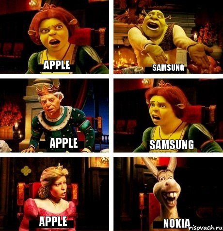 Apple Samsung Apple Samsung Apple Nokia, Комикс  Шрек Фиона Гарольд Осел
