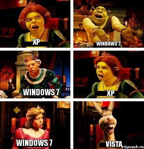 XP Windows 7 Windows 7 XP Windows 7 VISTA, Комикс  Шрек Фиона Гарольд Осел