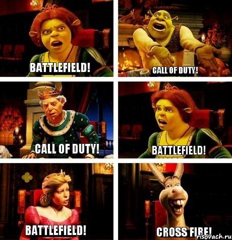 Battlefield! Call of Duty! Call of Duty! Battlefield! Battlefield! Cross Fire!, Комикс  Шрек Фиона Гарольд Осел