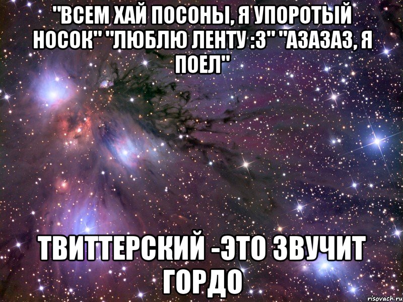 "всем хай посоны, я упоротый носок" "люблю ленту :3" "азазаз, я поел" твиттерский -это звучит гордо, Мем Космос