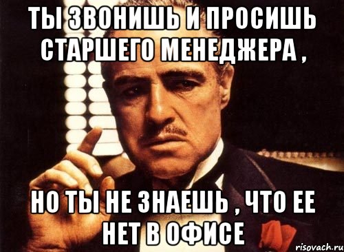 ты звонишь и просишь старшего менеджера , но ты не знаешь , что ее нет в офисе, Мем крестный отец