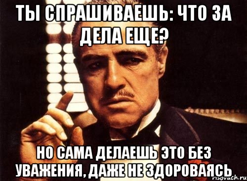 ты спрашиваешь: что за дела еще? но сама делаешь это без уважения, даже не здороваясь, Мем крестный отец