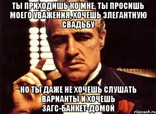 ты приходишь ко мне, ты просишь моего уважения, хочешь элегантную свадьбу но ты даже не хочешь слушать варианты и хочешь загс-банкет-домой, Мем крестный отец