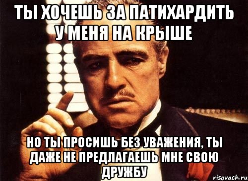 ты хочешь за патихардить у меня на крыше но ты просишь без уважения, ты даже не предлагаешь мне свою дружбу, Мем крестный отец