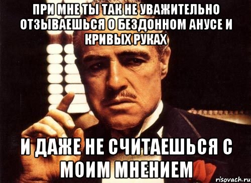 при мне ты так не уважительно отзываешься о бездонном анусе и кривых руках и даже не считаешься с моим мнением, Мем крестный отец