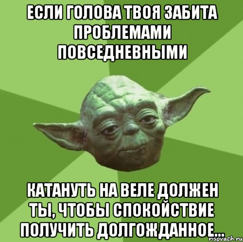 если голова твоя забита проблемами повседневными катануть на веле должен ты, чтобы спокойствие получить долгожданное..., Мем Мастер Йода