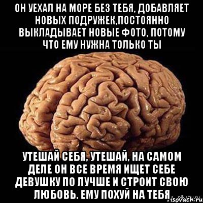 он уехал на море без тебя, добавляет новых подружек,постоянно выкладывает новые фото, потому что ему нужна только ты утешай себя, утешай, на самом деле он все время ищет себе девушку по лучше и строит свою любовь. ему похуй на тебя