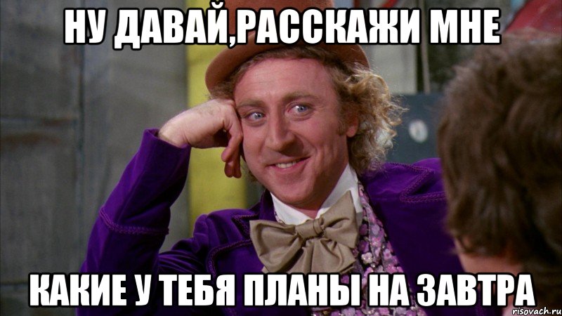 ну давай,расскажи мне какие у тебя планы на завтра, Мем Ну давай расскажи (Вилли Вонка)