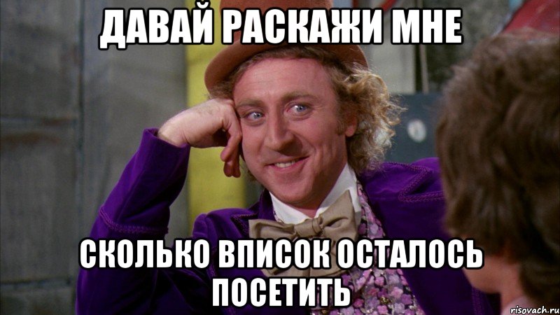 давай раскажи мне сколько вписок осталось посетить, Мем Ну давай расскажи (Вилли Вонка)