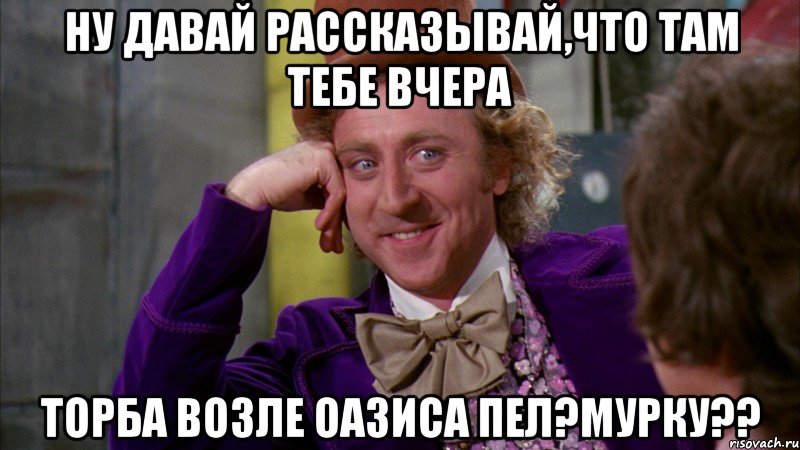 ну давай рассказывай,что там тебе вчера торба возле оазиса пел?мурку??, Мем Ну давай расскажи (Вилли Вонка)