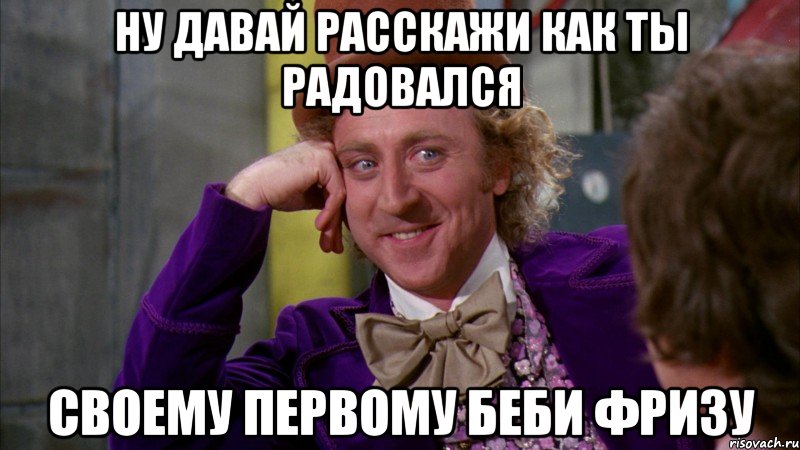 ну давай расскажи как ты радовался своему первому беби фризу, Мем Ну давай расскажи (Вилли Вонка)