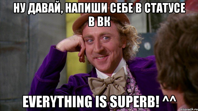 ну давай, напиши себе в статусе в вк everything is superb! ^^, Мем Ну давай расскажи (Вилли Вонка)