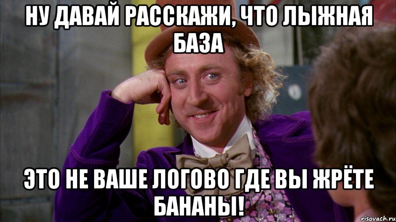 ну давай расскажи, что лыжная база это не ваше логово где вы жрёте бананы!, Мем Ну давай расскажи (Вилли Вонка)