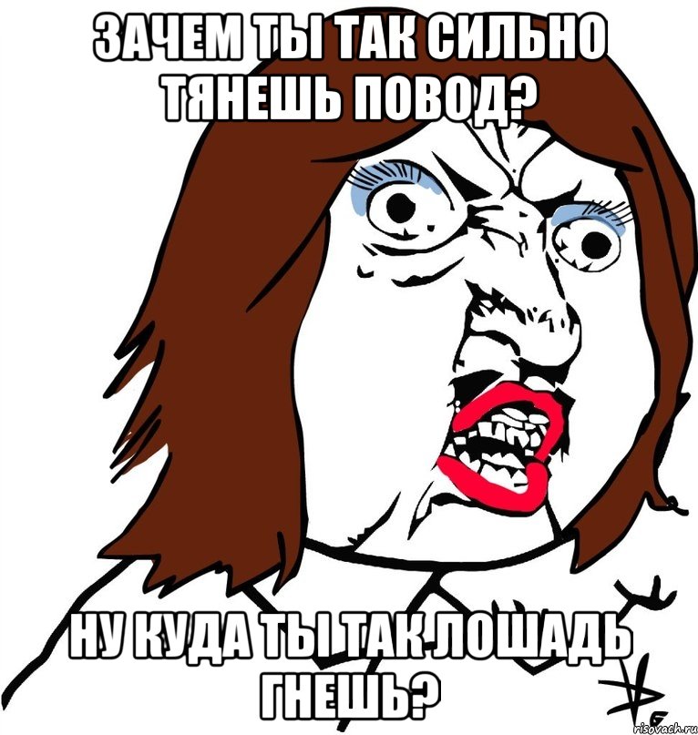 зачем ты так сильно тянешь повод? ну куда ты так лошадь гнешь?, Мем Ну почему (девушка)