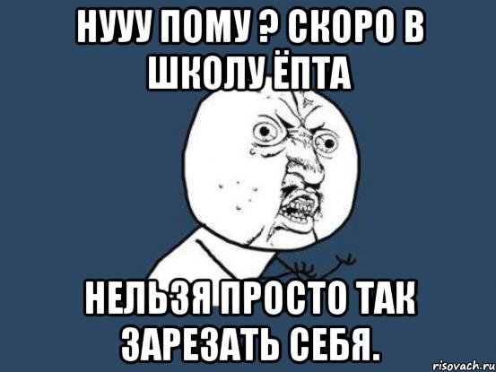 нууу пому ? скоро в школу ёпта нельзя просто так зарезать себя., Мем Ну почему