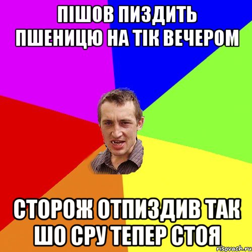 пішов пиздить пшеницю на тік вечером сторож отпиздив так шо сру тепер стоя, Мем Чоткий паца