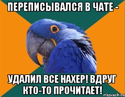 переписывался в чате - удалил все нахер! вдруг кто-то прочитает!, Мем Попугай параноик