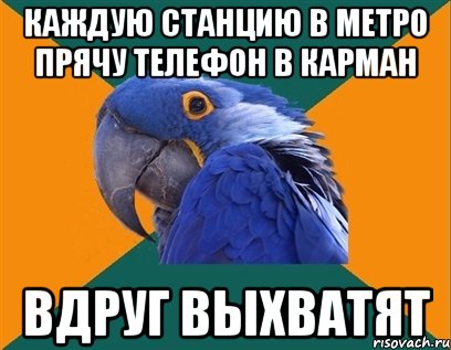 каждую станцию в метро прячу телефон в карман вдруг выхватят, Мем Попугай параноик