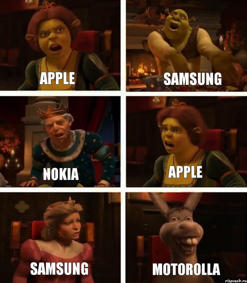 Apple Nokia Samsung Samsung Apple Motorolla, Комикс  Шрек Фиона Гарольд Осел