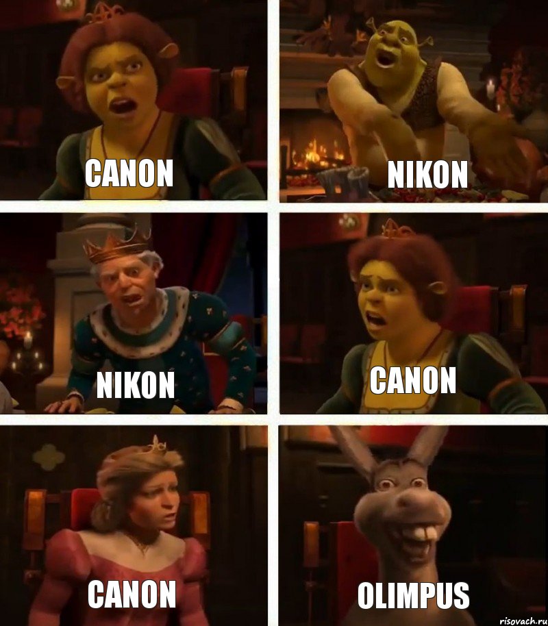 Canon Nikon Canon Nikon Canon Olimpus, Комикс  Шрек Фиона Гарольд Осел