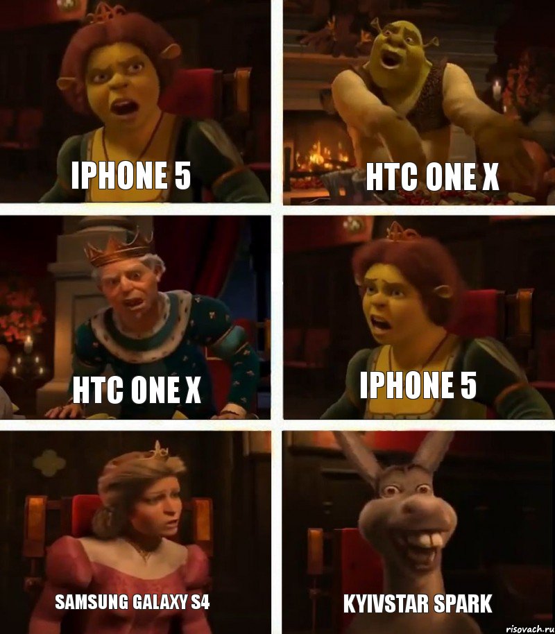 Iphone 5 HTC One X Samsung Galaxy S4 HTC One X Iphone 5 KyivStar Spark, Комикс  Шрек Фиона Гарольд Осел