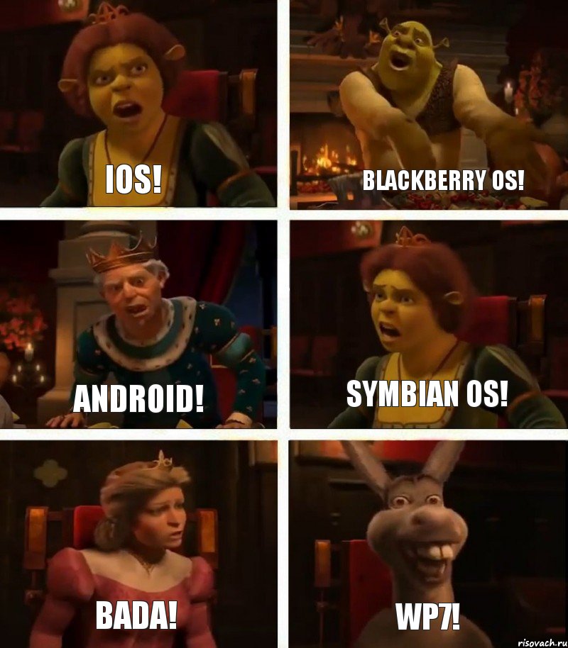 iOS! Android! Bada! BlackBerry OS! Symbian OS! WP7!, Комикс  Шрек Фиона Гарольд Осел
