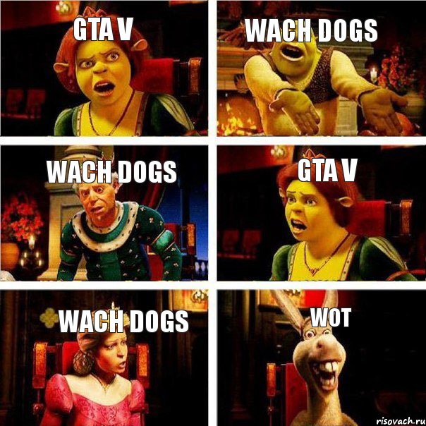 GTA V Wach dogs Wach dogs GTA V Wach dogs WoT, Комикс  Шрек Фиона Гарольд Осел